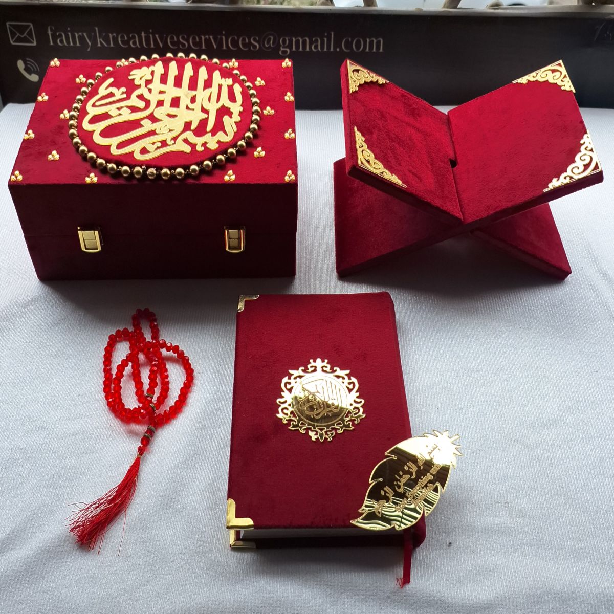 Maroon-Bridal-Quran-Set-with-Rehal-Bookmark