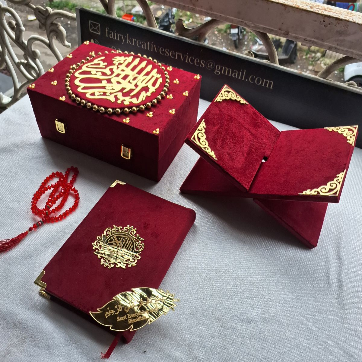Maroon-Bridal-Quran-Set-with-Rehal-Bookmark